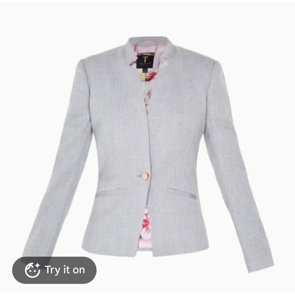 Ted Baker London Grey Textured Single Button Blazer Floral Lining Size 2